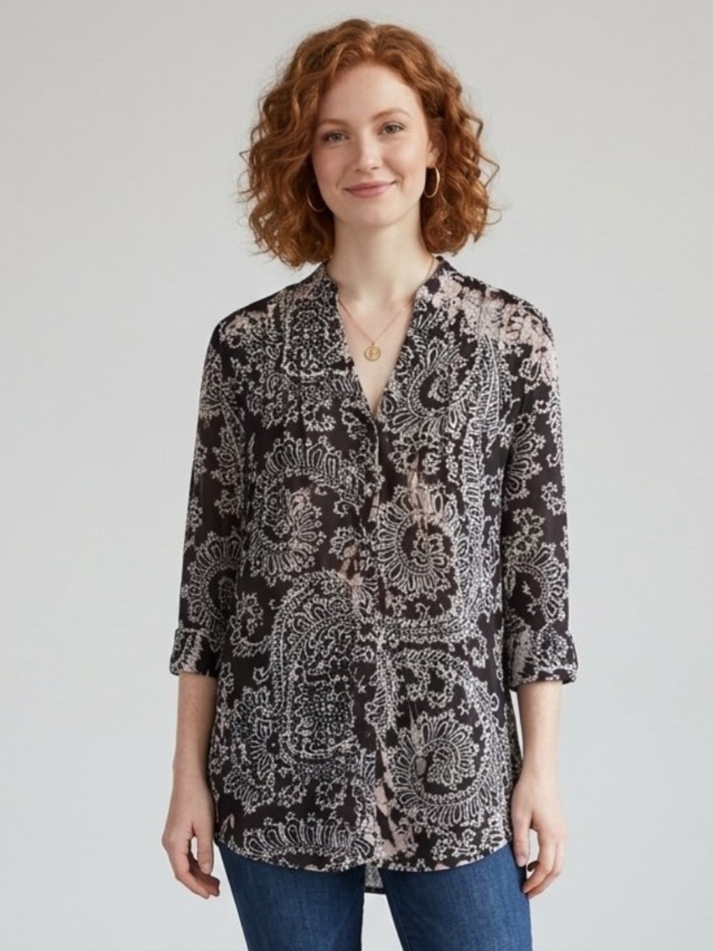 EUC Papa Vancouver Women’s Printed Button-Down 3/4-Sleeve Tunic Blouse Medium